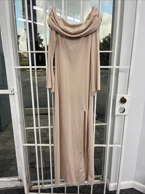 Draped Off-Shoulder Maxi Dress in Beige